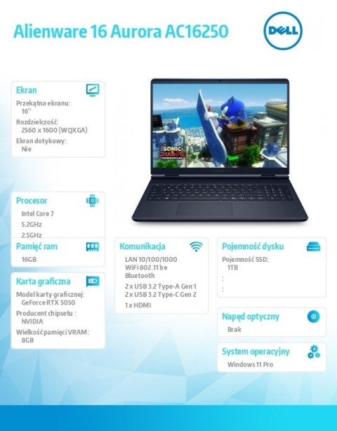 Dell Laptop Alienware 16 Aurora AC16250 Win 11 Pro C7 240H/16GB/1TB 16.0 WQXGA/GeForce RTX 5050 Kb/6 Cell/3Y Basic Onsite