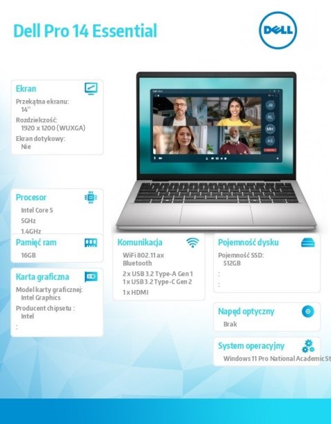 Dell Laptop Dell Pro 14 Essential PV14250 W11P EDU C5 120U/16GB/512GB/Intel Graph/FgrPr/WLAN+BT/14.0/BcklKb/4C/65W/5YRS Plat Silver (