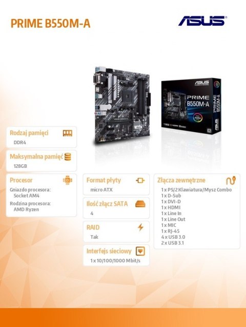 Asus Płyta główna PRIME B550M-A AM4 4DDR4 DVI-D/HDMI M.2 mATX