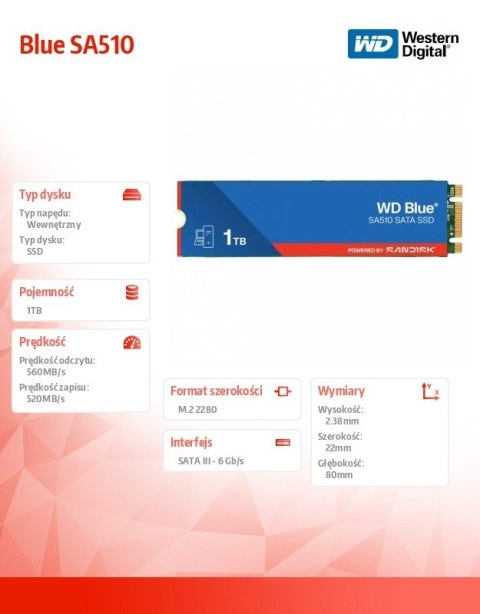 Western Digital Dysk SSD Blue 1TB SA510 M.2 2280 WDS100T3B0B