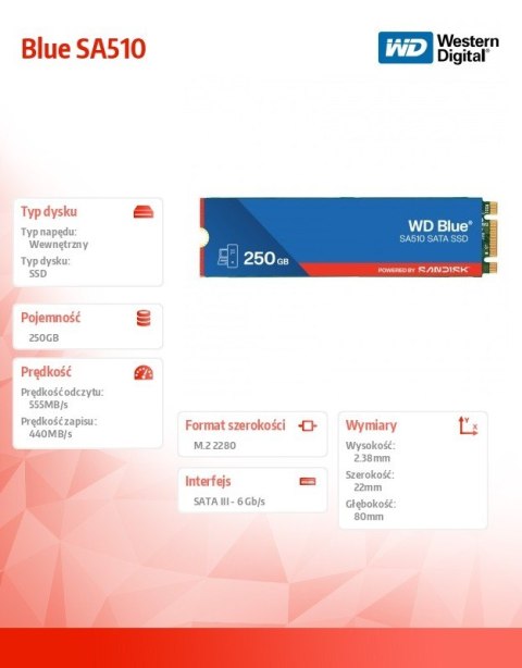 Western Digital Dysk SSD Blue 250GB SA510 M.2 2280 WDS250G3B0B