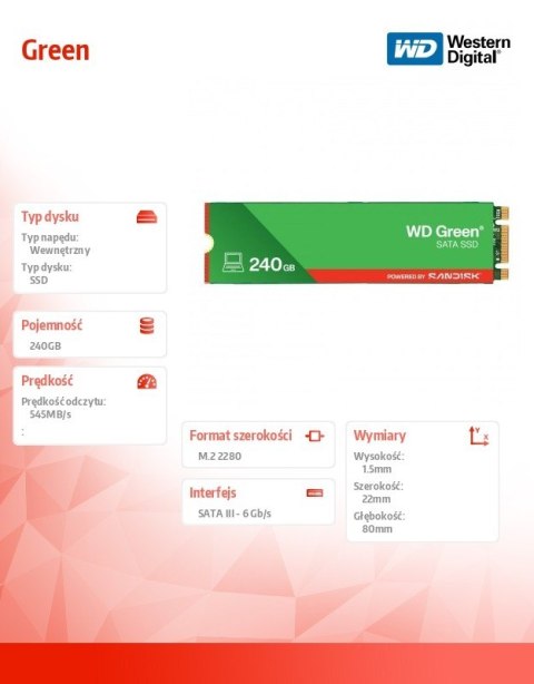 Western Digital Dysk SSD Green 240GB SATA M.2 2280 WDS240G3G0B