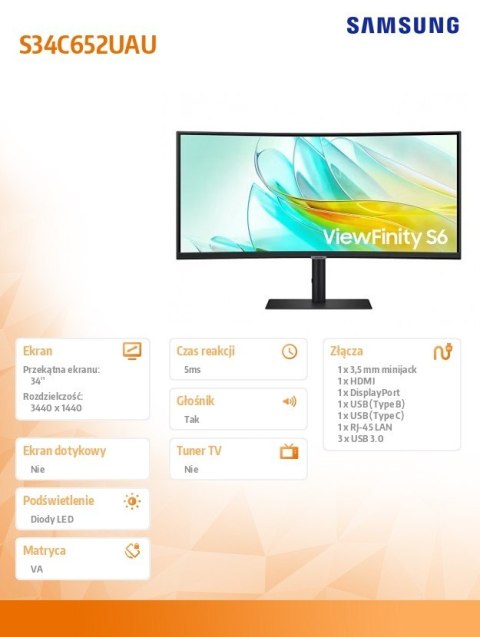Samsung Monitor 34 cale ViewFinity S65UC VA 3440x1440 UWQHD 21:9 1xHDMI 1xDP 1xUSB-C 90W 3xUSB-A 5ms 100Hz HAS+PIVOT zakrzywiony głośnik