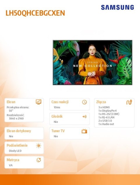 Samsung Monitor profesjonalny QH50C 50 cali Matowy 24h/7 700(cd/m2) 3840 x 2160 (UHD) S10 Player (Tizen 7) WiFi/BT 3 lata On-Site (LH50Q