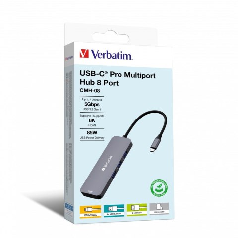 Verbatim Verbatim CMH-08 USB Type-C 5000 Mbit/s Srebrny