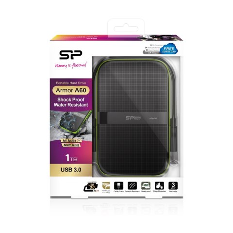 Silicon Power Dysk zewnętrzny HDD Silicon Power Armor A60 (1TB; 2.5"; USB 3.2; 5400 obr/min; Green-Black; SP010TBPHDA60S3K)