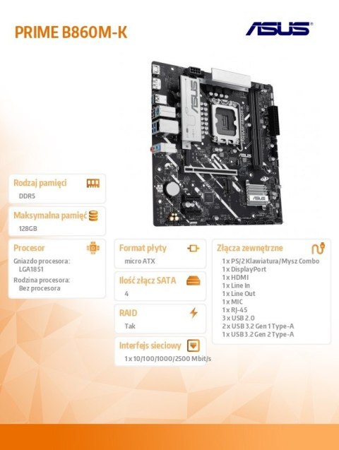 Asus Płyta główna PRIME B860M-K s1851 XDDR5 USBC mATX
