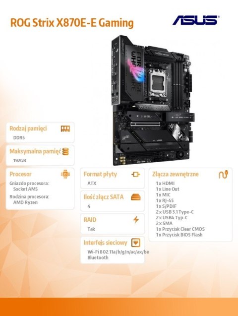Asus Płyta główna ROG STRIX X870E-E GAMING WIFI DDR5 HDMI/USB-C