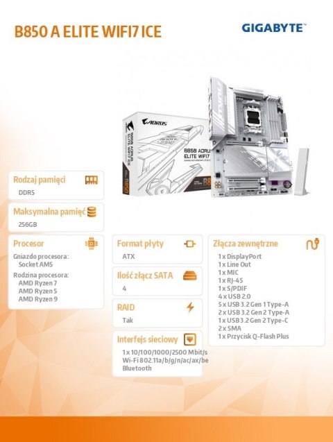 Gigabyte Płyta główna B850 A ELITE WIFI7 ICE
