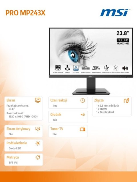 MSI Monitor PRO MP243X 24 cale/LED/FHD/Flat/100Hz/Black