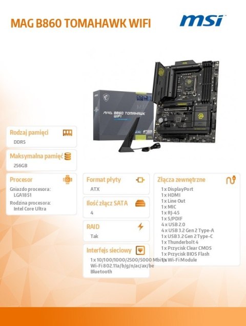 MSI Płyta główna MAG B860 TOMAHAWK WIFI s1851 4DDR5 ATX