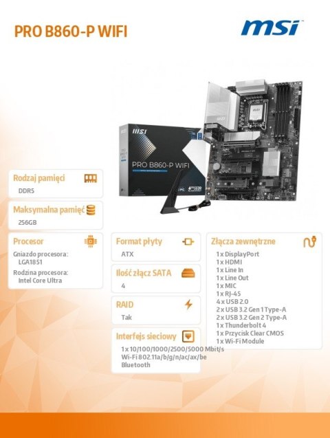 MSI Płyta główna PRO B860-P WIFI s1851 4DDR5 ATX