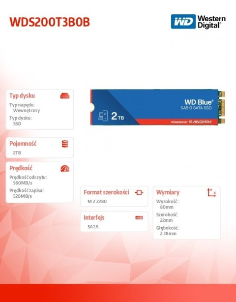 Western Digital Dysk SSD Blue 2TB SA510 M.2 2280 WDS200T3B0B