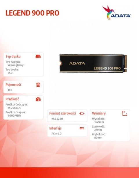 Adata Dysk SSD LEGEND 900 Pro 1TB PCIe 4x4 7.4/6 GB/s M.2