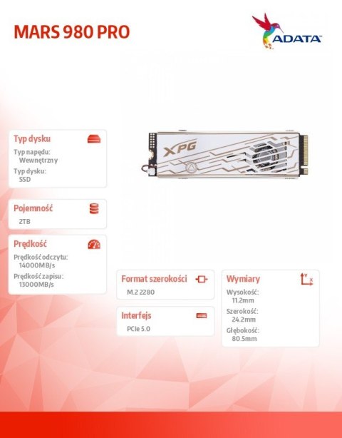 Adata Dysk SSD XPG MARS 980 PRO 2TB PCIe 5x4 14/13 GB/s M2