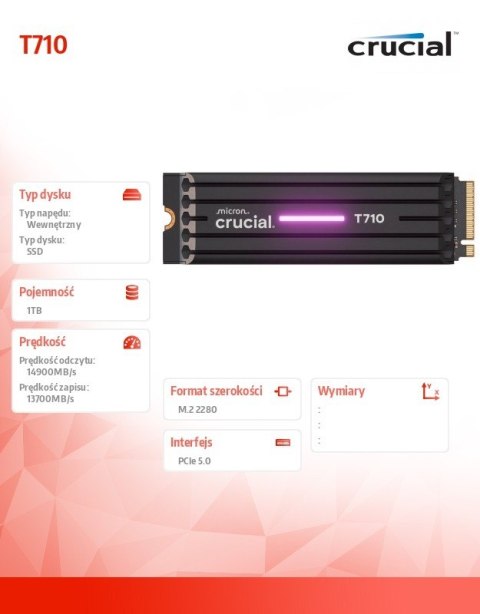 Crucial Dysk SSD T710 1TB M.2 NVMe 2280 PCIe 5.0 14900/13700 radiator