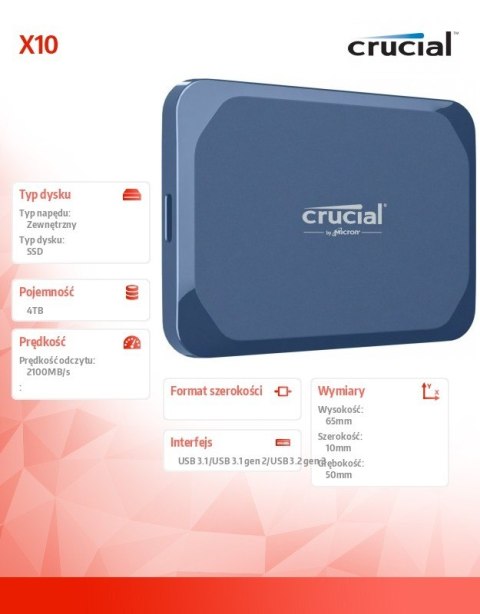 Crucial Dysk zewnętrzny SSD X10 4TB USB-C 2100MB/s