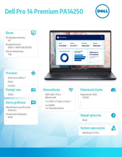 Dell Laptop Dell Pro 14 Premium PA14250 W11P U7-268V/32GB/512GB SSD CL35/FgrPr/IRCam&Mic/WLAN+BT|14.0 QHD+ Touch/BcklKb/3C/vPro/3YPS