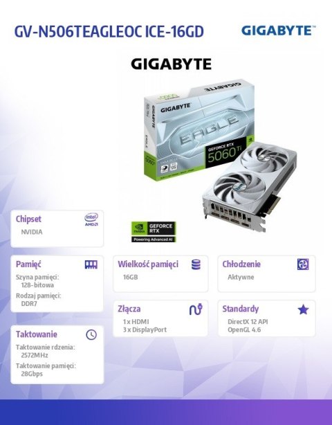 Gigabyte Karta graficzna GeForce RTX 5060 Ti EAGLE OC IC E 16G 128BIT GDDR7 HDMI/3DP
