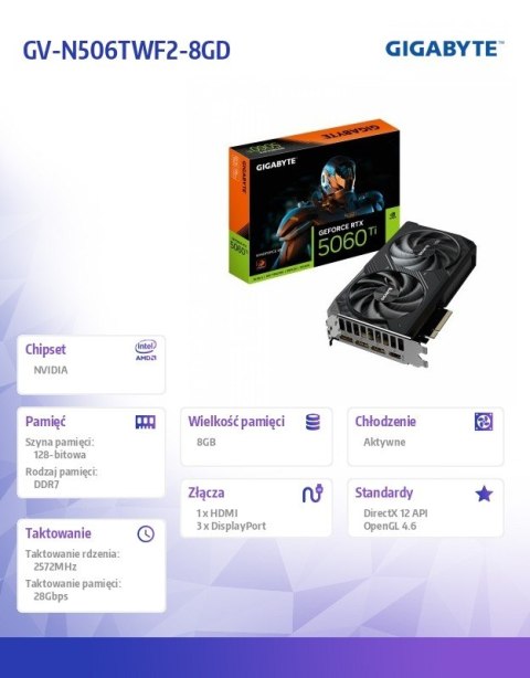 Gigabyte Karta graficzna GeForce RTX 5060 Ti WINDFORCE 8G 128BIT GDDR7 HDMI/3DP
