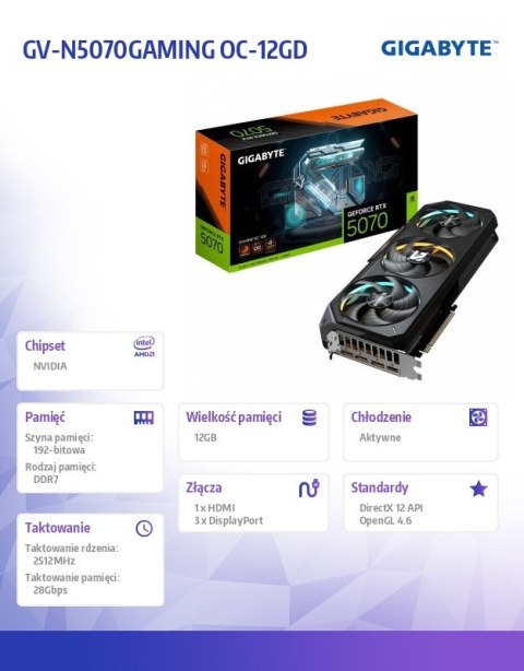 Gigabyte Karta graficzna GeForce RTX 5070 GAMING OC 12GB GDDR7 12GB 192bit HDMI/3DP