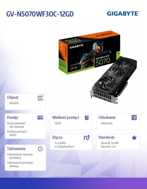 Gigabyte Karta graficzna GeForce RTX 5070 WINDFORCE OC SFF 12G 192BIT 3DP/HDMI