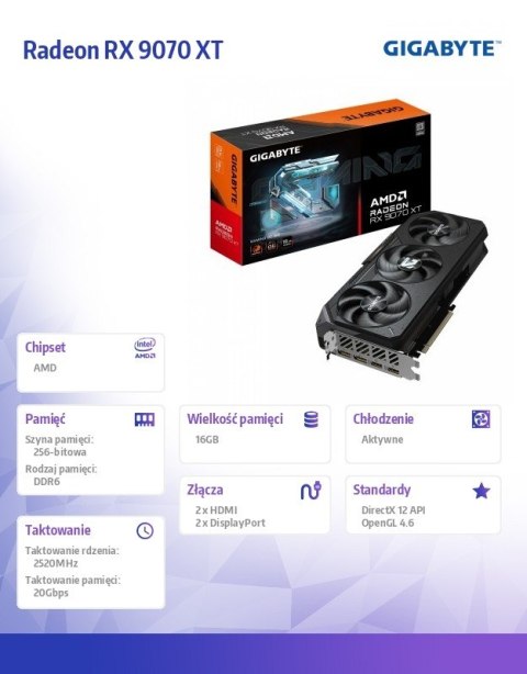Gigabyte Karta graficzna Radeon RX 9070 XT GAMING OC 16GB GDDR6 256bit 2DP/2HDMI