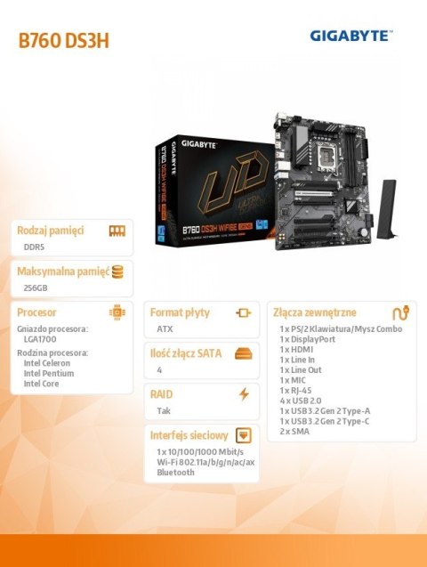 Gigabyte Płyta główna B760 DS3H WF6E GEN5 s1700 4DDR5 HDMI/DP ATX