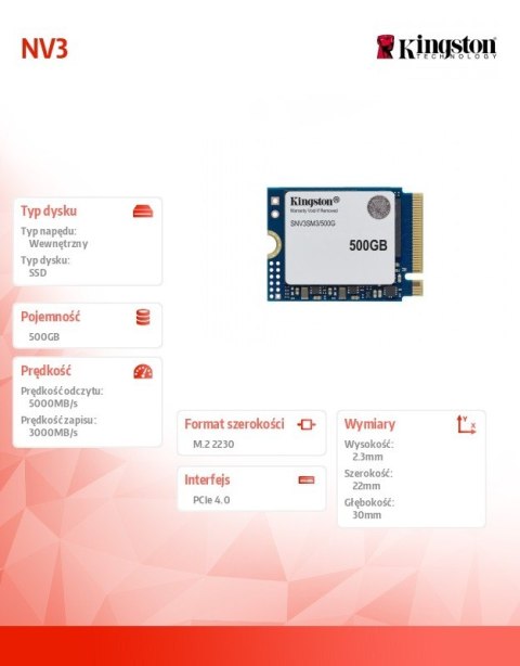 Kingston Dysk SSD NV3 500GB M.2 2230 PCI-e 4.0 NVMe 5000/3000