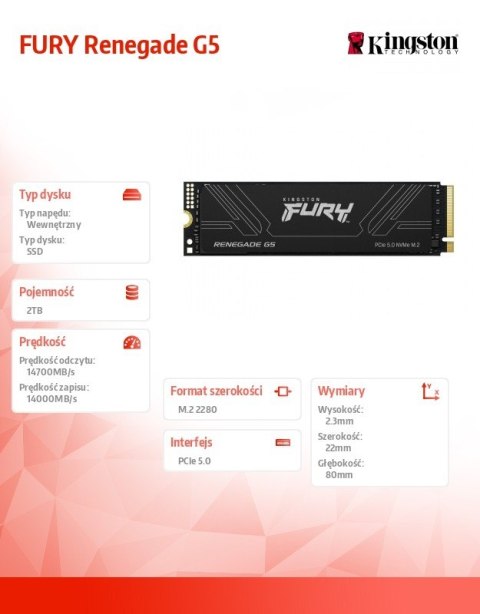 Kingston Dysk SSD Renegade G5 2TB NVMe 5.0 M.2 2280 14700/14000MB/s