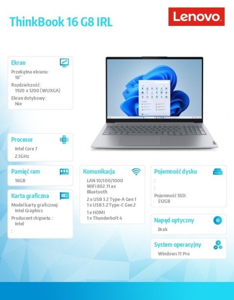Lenovo Laptop ThinkBook 16 G8 21SH00A4PB W11Pro Intel 7 240H/16GB/512GB/INT/16 cali WUXGA/Luna Grey/3YRS OS + CO2 Offset