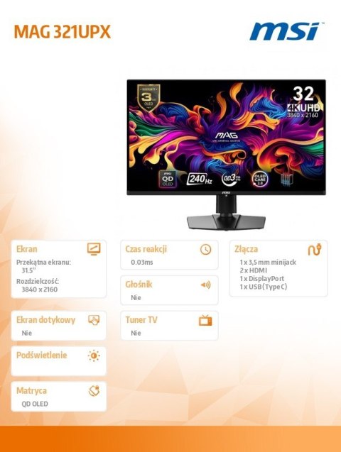 MSI Monitor MAG 321UPX QD-OLED 31.5''/LED/UHD/Curv/160HZ/Black