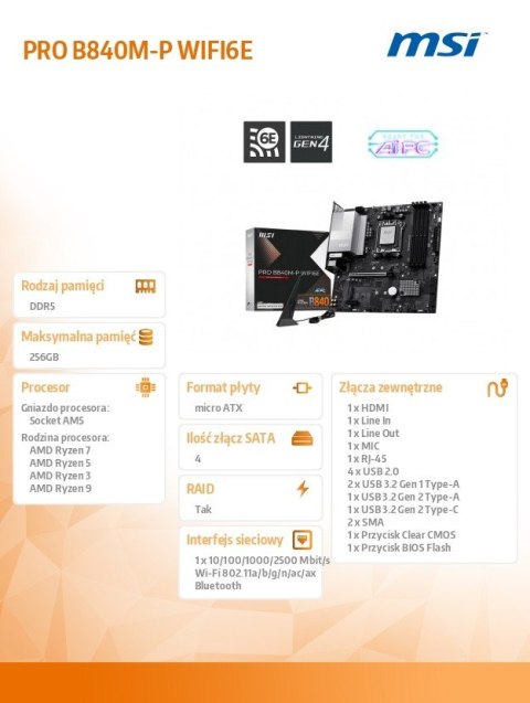 MSI Płyta główna PRO B840M-P WIFI6E AM5 4DDR5 ATX