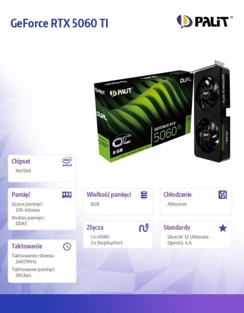 Palit Karta graficzna GeForce RTX 5060 TI DUAL OC 8GB GDDR7 128bit 3DP/HDMI