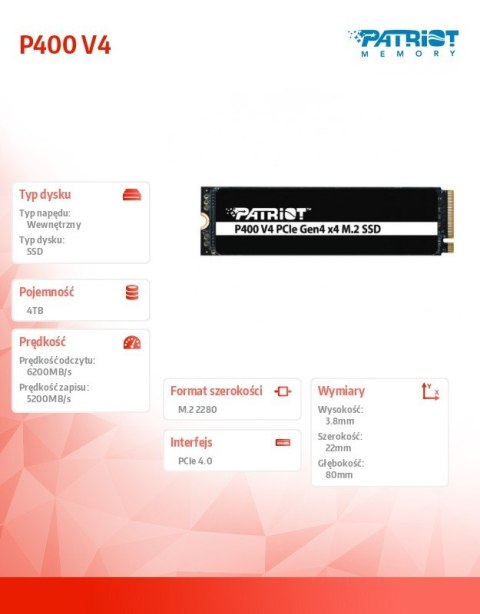 Patriot Dysk SSD 4TB P400 V4 6200/5200 MB/s M.2 PCIe Gen4 x4 NVMe 2.0