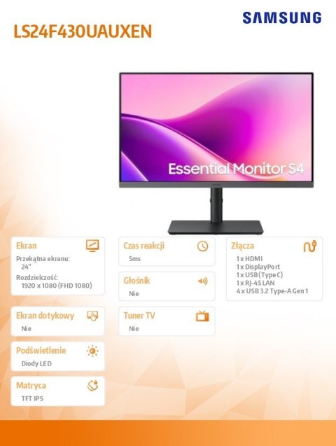 Samsung Monitor 24 cale S43UF IPS 1920x1080 FHD 16:9 1xHDMI 1xDP 1xUSB-C 4xUSB-A 3.2 5ms 100Hz HAS+PIV płaski 3YOn-Site (LS24F430UAUXEN)