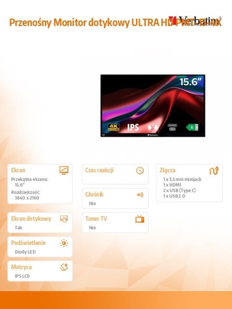 Verbatim Przenośny Monitor dotykowy ULTRA HD PMT-15-4K