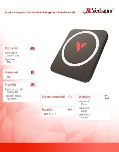 Verbatim SnapBack Magnetic Dysk SSD 2000GB MagSave 2TB Mocha Metalic Apple ProRes 4K 60kl/s