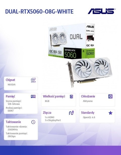 Asus Karta graficzna GeForce RTX 5060 DUAL OC WHITE 8G GDDR7 128BIT HDMI/3DP
