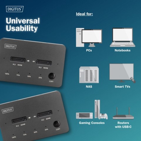 Digitus Stacja dokująca dysków z funkcją klonowania | USB-C 3.2 Gen2 10Gbps | SSD M.2 NVMe (max. 2x 4TB) | Funkcja Offline Clone | Czarn