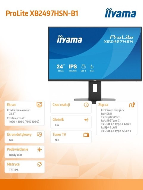 IIYAMA Monitor 24 cale XB2497HSN-B1 IPS, USB-C Dock,HDMI, DP, RJ45
