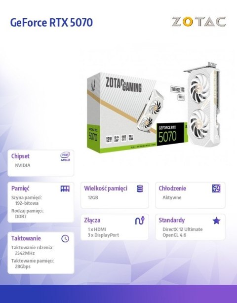 ZOTAC Karta graficzna GeForce RTX 5070 TWIN EDGE OC WHITE 12GB GDDR7 192bit