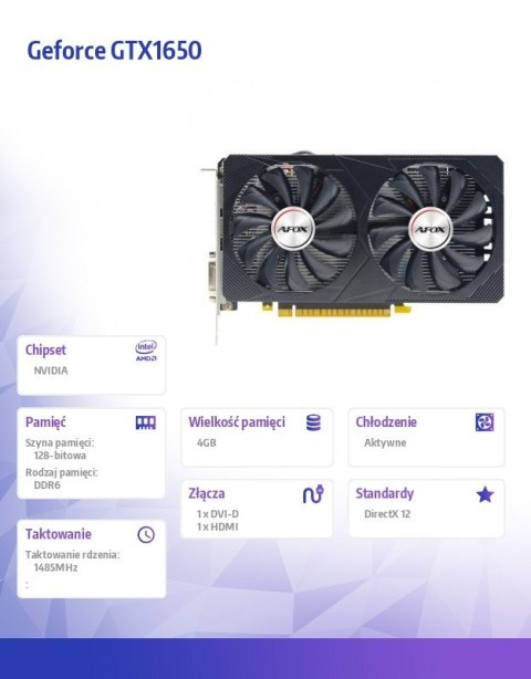 AFOX Karta graficzna GeForce GTX1650 4GB GDDR6 128Bit DVI HDMI ATX Fan V6