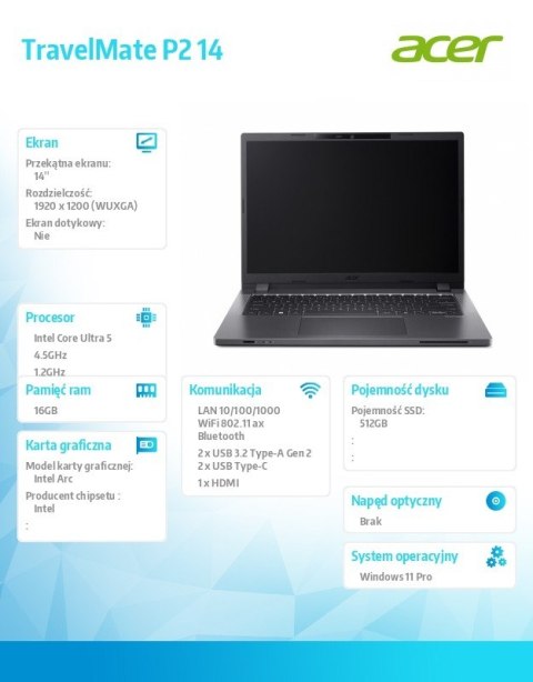 Acer Laptop TravelMate P2 14 TMP214-75-G3-TCO Ulta5 125H 16GB/512GB/W11PRO , 3 Years On Site