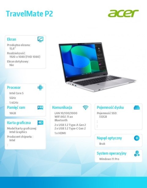 Acer Laptop TravelMate P2 TMP215-55-TCO Core5 120U 16GB/512GB/W11PRO