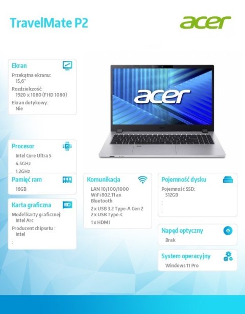 Acer Laptop TravelMate P2 TMP215-75-G2-TCO Ultra5 125H 16GB/512GB/W11PRO, 3 Years On Site
