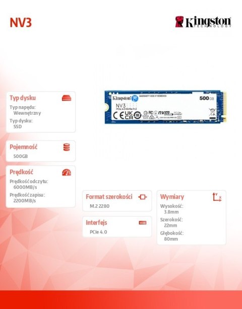 Kingston Dysk SSD NV3 500GB M.2 2280 PCI-e 4.0 NVMe 5000/3000