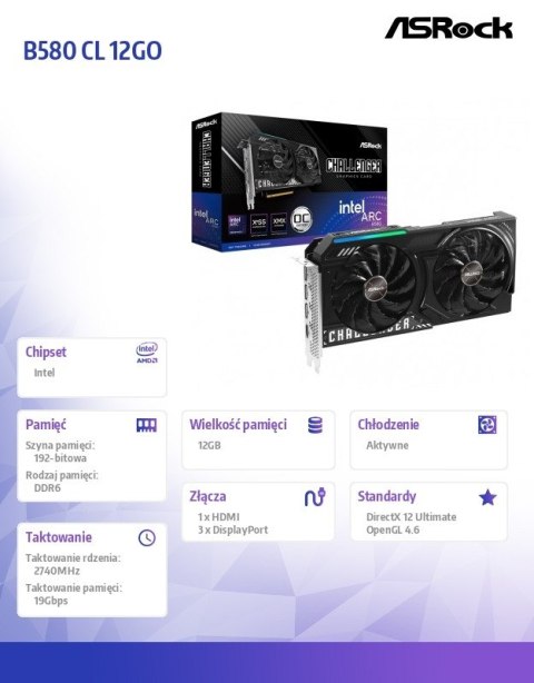 ASRock Karta graficzna B580 CHALLENGER 12G OC GDDR6 192bit 3DP/HDMI