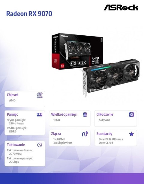 ASRock Karta graficzna Radeon RX 9070 Challenger 16GB