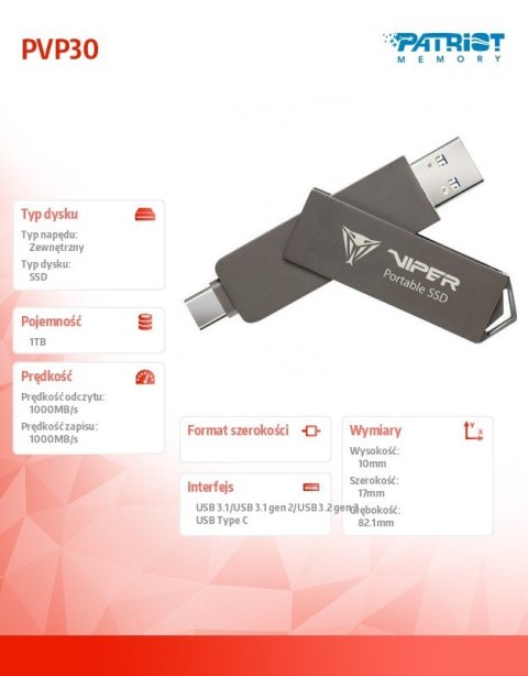 Patriot Dysk zewnętrzny SSD 1TB PVP30 Duo Compact 1000/1000 MB/s USB 3.2 USB-C